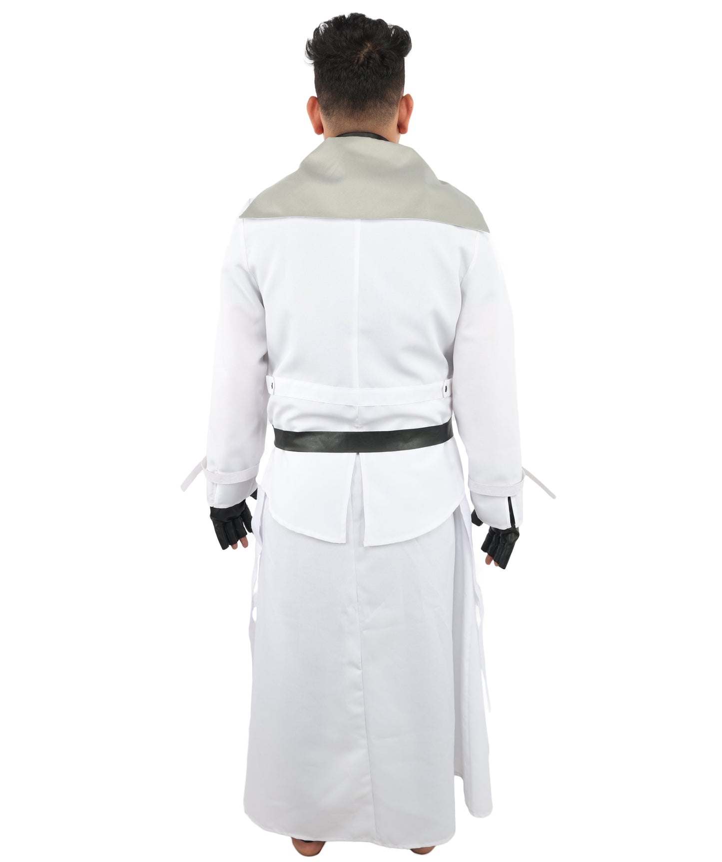 HPO Men's Sci-Fi Executive Officer Costume | White Trench Coat Uniform with Layered Black Scarf and Belts | Ideal for Halloween, Theater, Drag, and Gaming Events