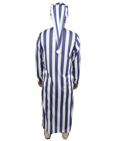 HPO Men's Victorian Striped Sleepwear | Blue and White Vertical Stripe Jersey with Adjustable Matching Nightcap | Ideal for Theater, Halloween, Cosplay, and Historical Performance Events