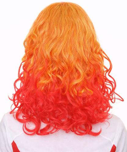 Red and Yellow Two Tone Long Wavy Womens Wig | Party Ready Halloween Wig | Premium Breathable Capless Cap