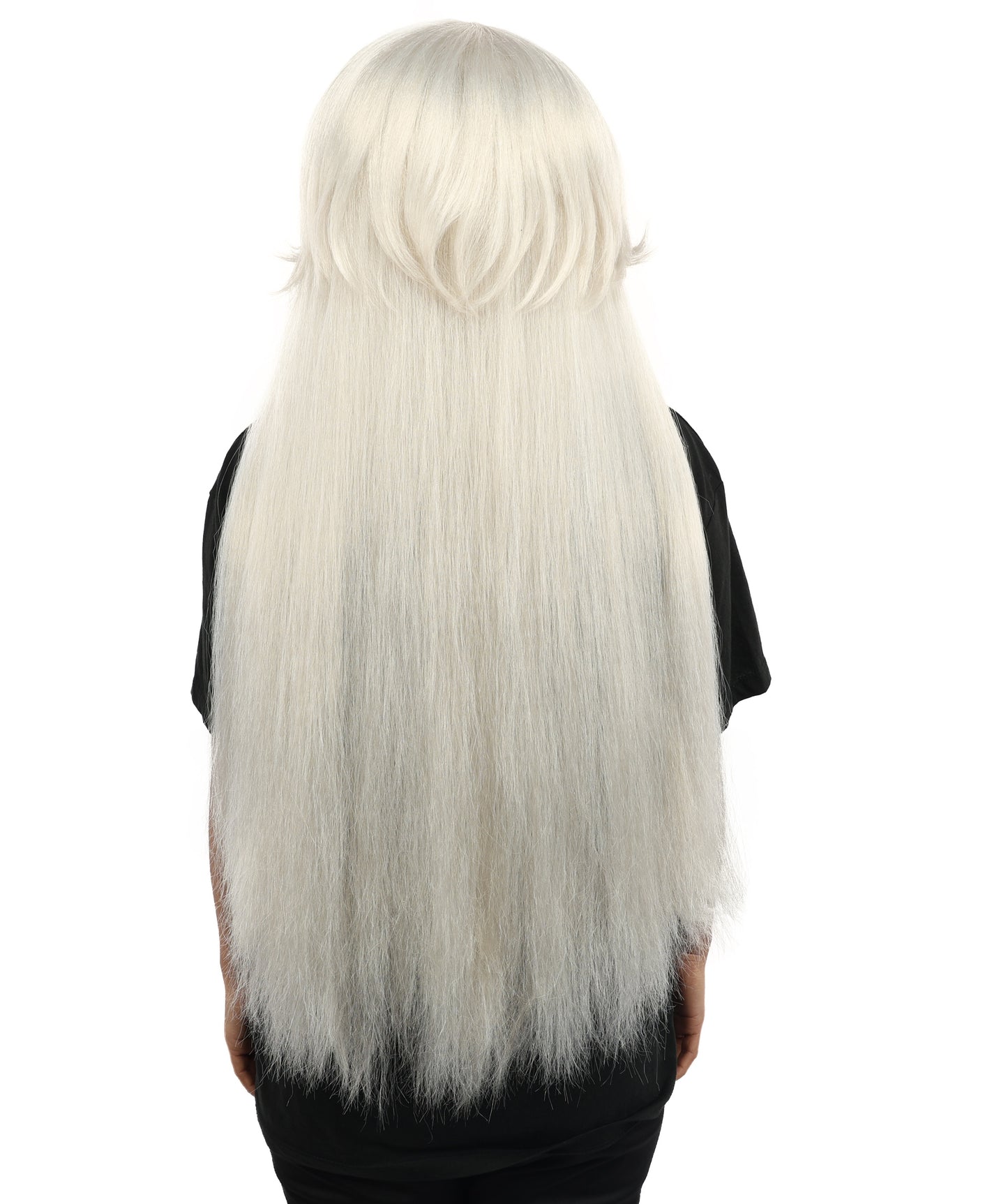 HPO Women’s 32” Silver Grey Bangs Wig | Extra Long Straight Synthetic Wig | Breathable Cap for Halloween, Roleplay, Theater, Party & Character Costumes
