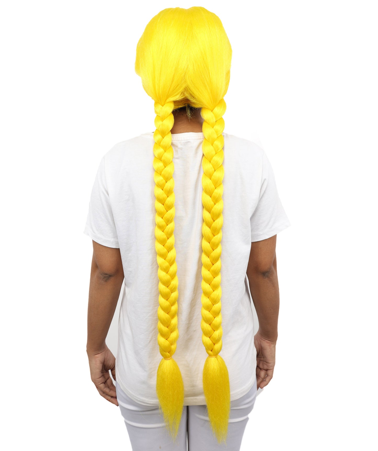 HPO Women’s Long Braid Synthetic Yellow Wig with Bangs | Sleek Cosplay Hairpiece with Comfortable Breathable Cap | Perfect for Halloween, Parties & Roleplay