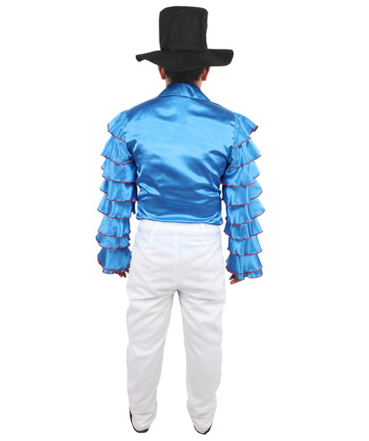 HPO Men's Rhythmic Multicolor Uniform Costume | Tiered Ruffle Satin Sleeves with Contrast Neck Tie and White Trousers | Ideal for Cosplay, Halloween, Drag, and Latin Dance Performance Events