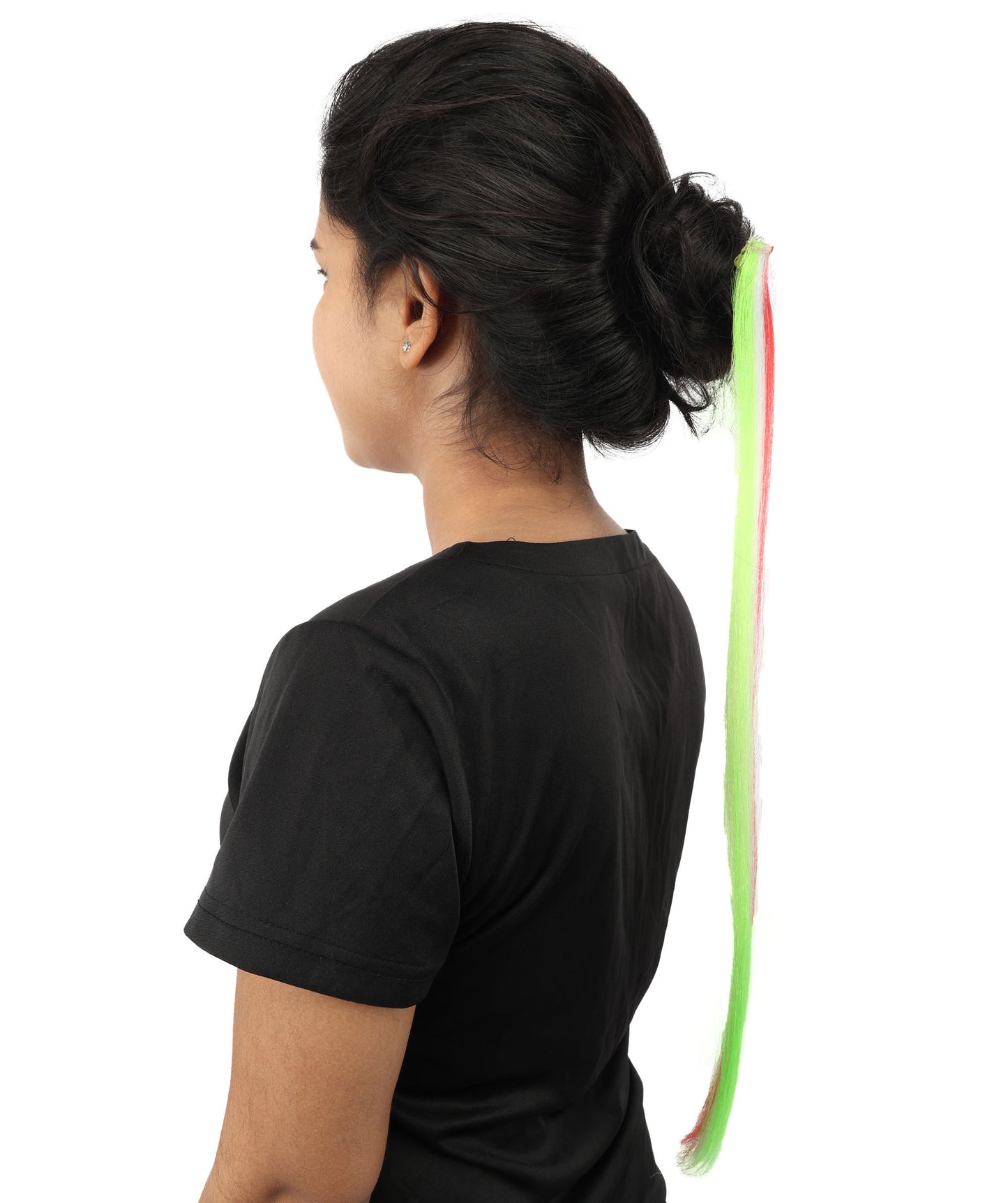 HPO Women's Clip-in Hair Extension | Sleek straight green, white and red synthetic fibers featuring a secure snap attachment | Ideal for party, Halloween, cosplay, theater, drag, performance, costume events