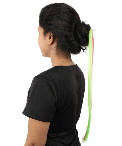 HPO Women's Clip-in Hair Extension | Sleek straight green, white and red synthetic fibers featuring a secure snap attachment | Ideal for party, Halloween, cosplay, theater, drag, performance, costume events