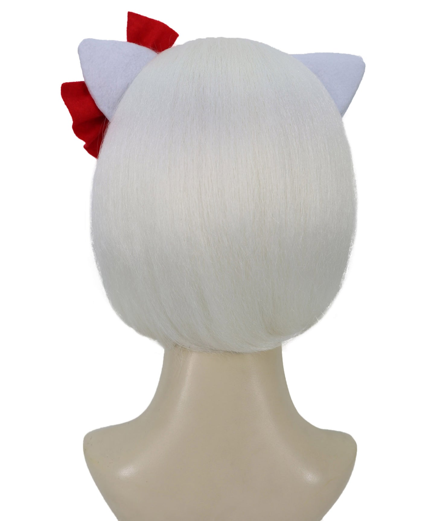 HPO Adult Women's Cute Kitty-Inspired White Wig with Bow Ribbon | Soft Synthetic Cosplay Hair with Attached Ribbon for Dress Up & Parties
