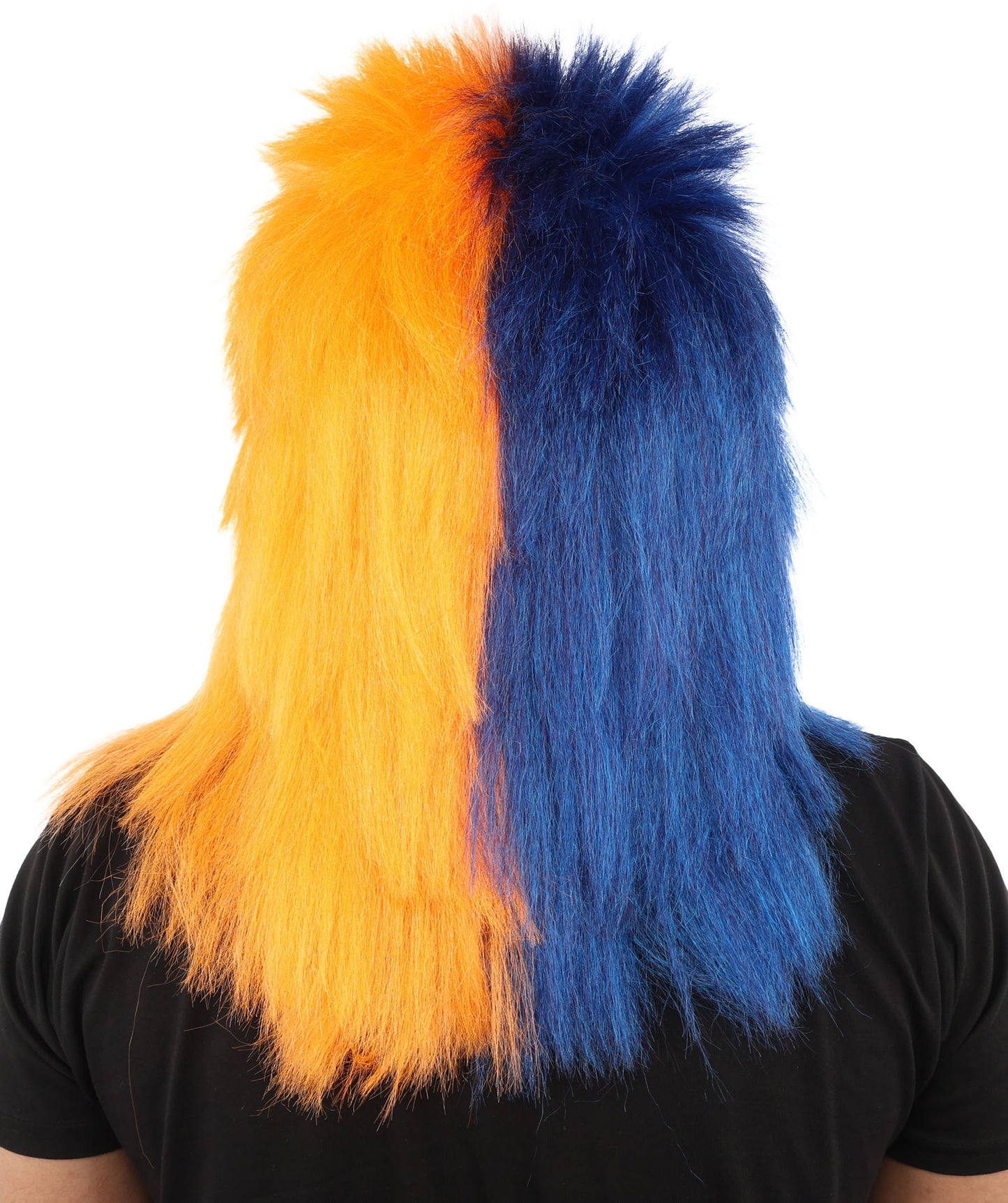 HPO Men's Navy Blue and Orange Sports Wig | Split Color Spiky Shag Style Flame-retardant Synthetic Fiber | Halloween Themed Party American Football Fan Gear