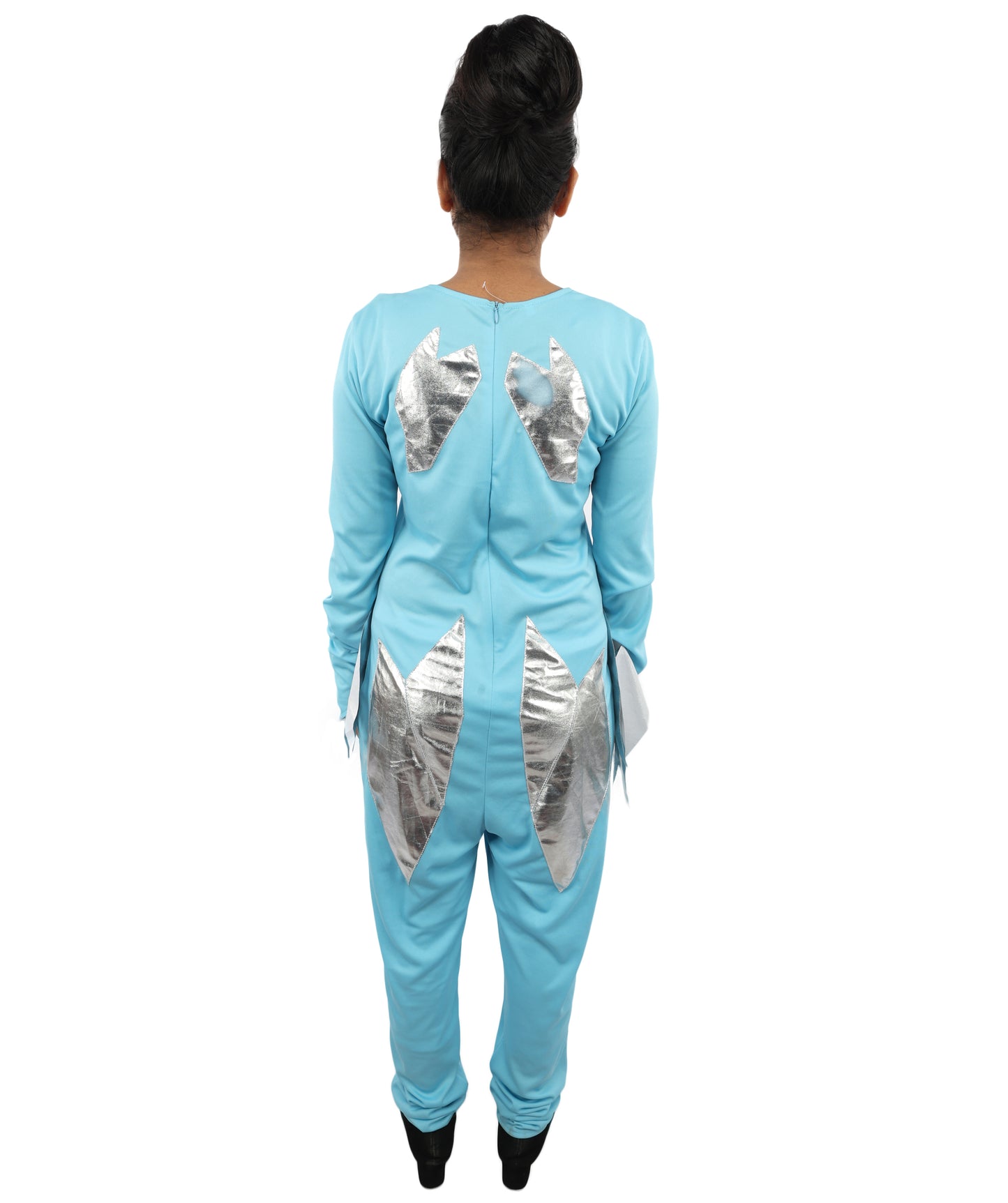 HPO Women's Ice Blue Jumpsuit Costume | Shimmering Synthetic Febric Bodysuit with Metallic Accents and Fringe | Idal for Halloween, Cosplay, Drag, and Themed Events