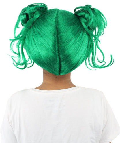 HPO Adult Women’s Messy Twin Bun Wig with Graphic Bangs | Multiple Color Options | Edgy Wig for Cosplay, Fashion Events, Halloween & Stage Wear | Adjustable Cap, Lightweight Synthetic Fiber