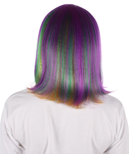 HPO Women's Multi colour Mardi Grass Festival Bob Wig with Bangs I Flame-retardant Synthetic Fiber