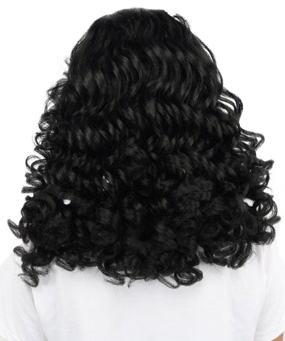 HPO Women’s 16-Inch Medium-Length Black Wig with Soft Curls | Ideal forCosplay, and Themed Events | Elegant, Versatile Hairpiece for Various Looks