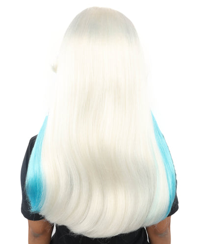 HPO Women's Long Two-Tone Blue and White Fairytale Wig | Twisted Waves with Ribbon Headband | Lightweight Synthetic Wig for Cosplay, Stage & Costume Parties