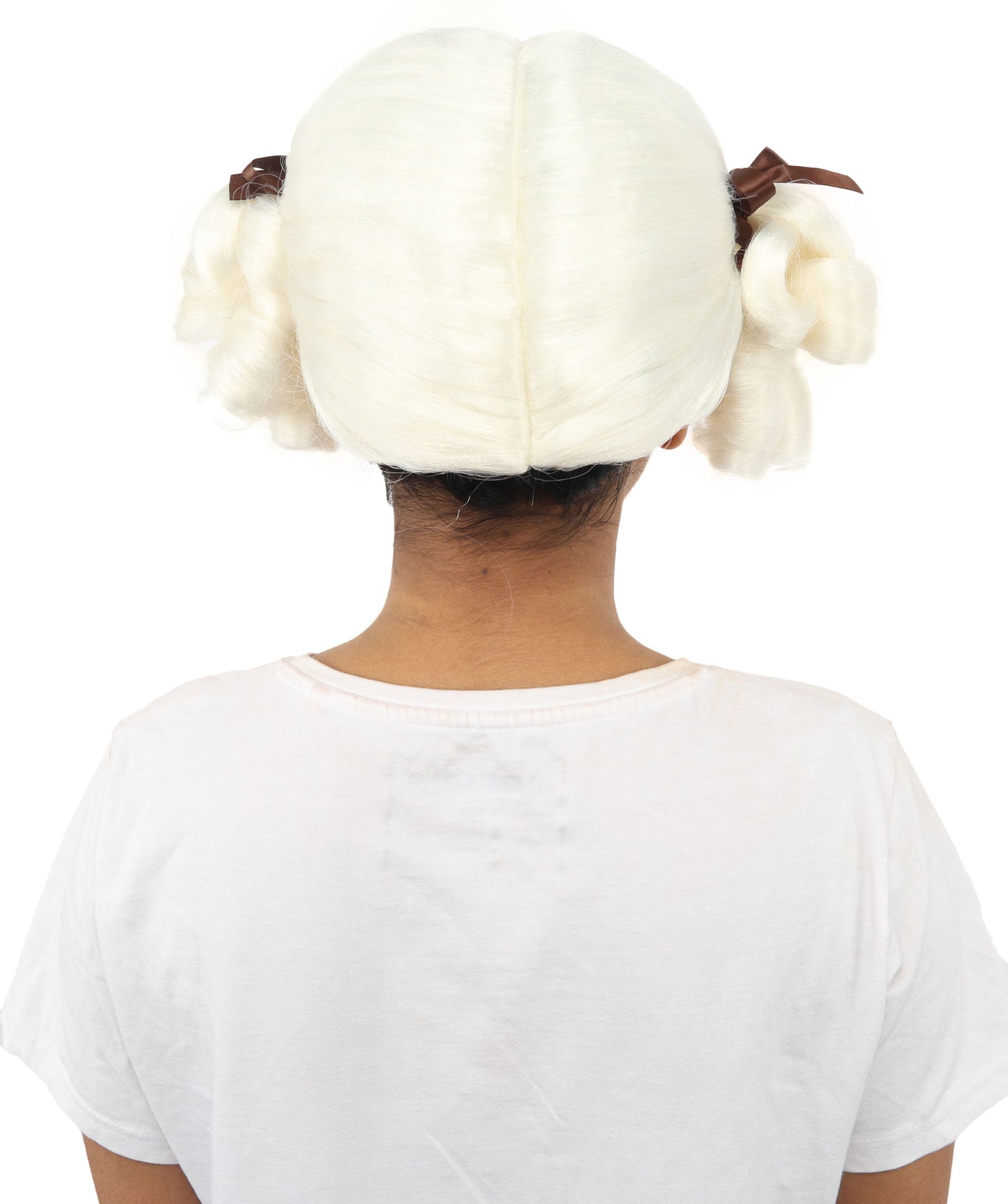 HPO Women's Golden White Mixed Curly Pigtail Wig | Messy Ringlet Twin Tails with Attached Fabric Ribbons, Synthetic Fiber & Breathable Cap | Halloween, Movie Character Roleplay, Costume Party & Theater