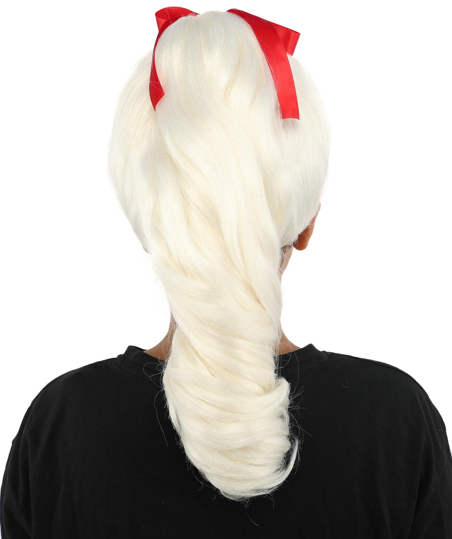 HPO Women's Spiral Ponytail Wig | Multicolor Options | High Updo with Red Ribbon Bow & Bangs, Heat Friendly Synthetic Fiber & Breathable Cap | Halloween, Christmas Event, Themed Party, Theater & Roleplay