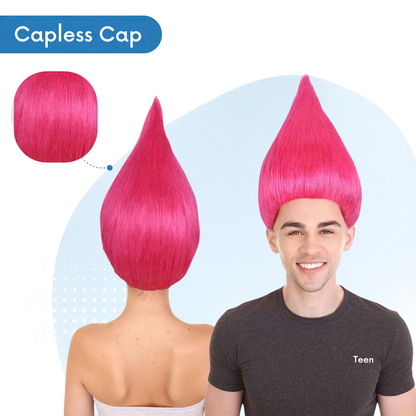 HPO Troll Neon Pink Wig Synthetic Costume Hairpiece Bundle Set for Adult & Teen - Tall Spiked Fantasy Upright Hairstyle With Bold Volume for Cosplay Events & Themed Dress-Up.