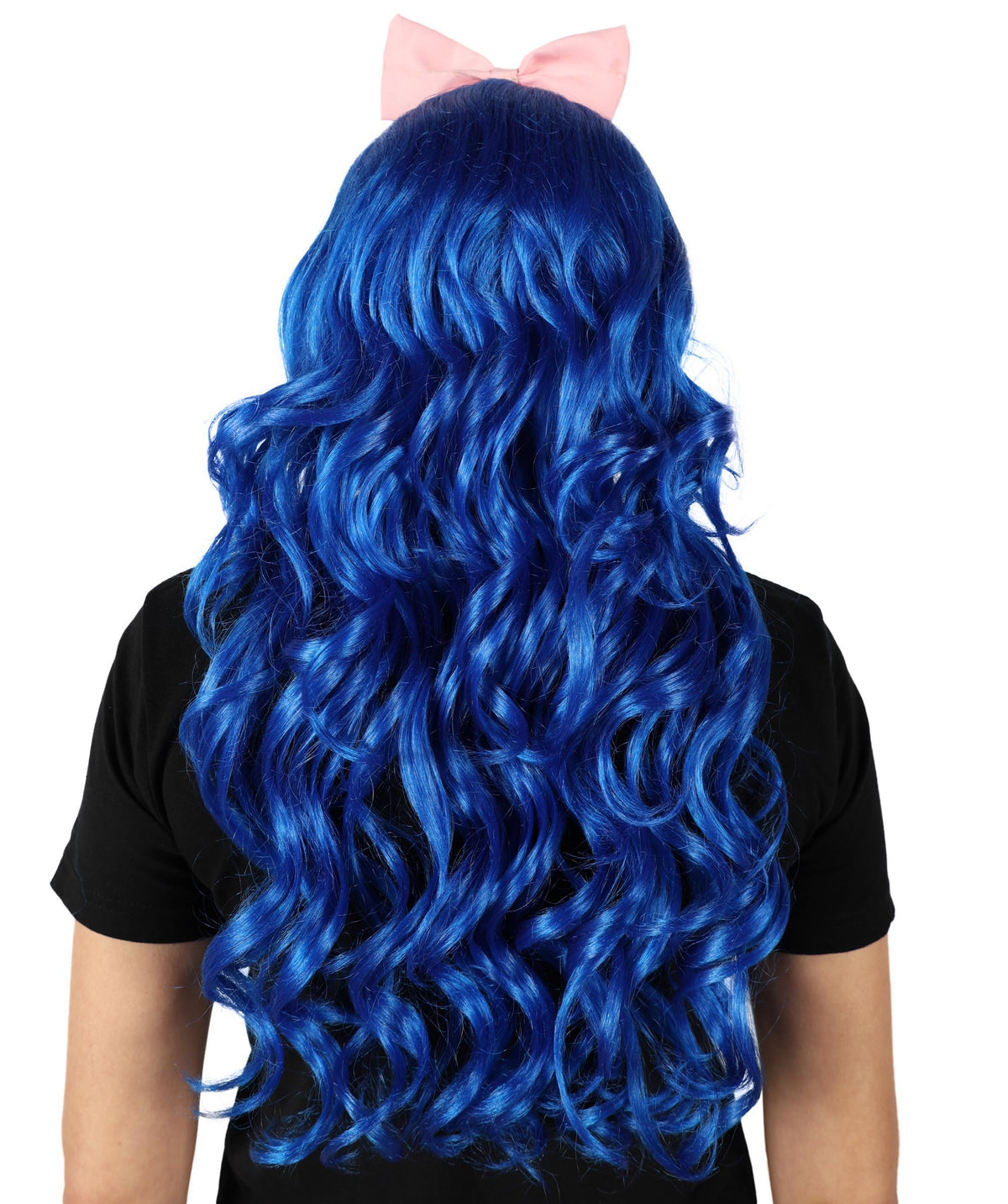 HPO Women's American Singer Medium Length Blue Wavy Pink Bow Wig | Halloween Wig | Flame-retardant Synthetic Fiber