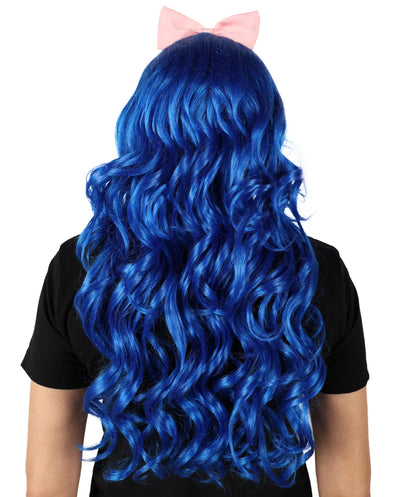 HPO Women's American Singer Medium Length Blue Wavy Pink Bow Wig | Halloween Wig | Flame-retardant Synthetic Fiber