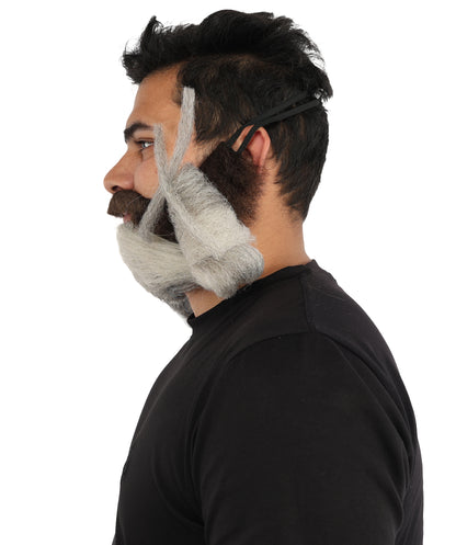 HPO Men's Sculpted Fake Beard & Mustache Set | Grey Styled Mustache Combo Synthetic Fiber | Party Halloween Cosplay Theater Drag Performance Costume Events