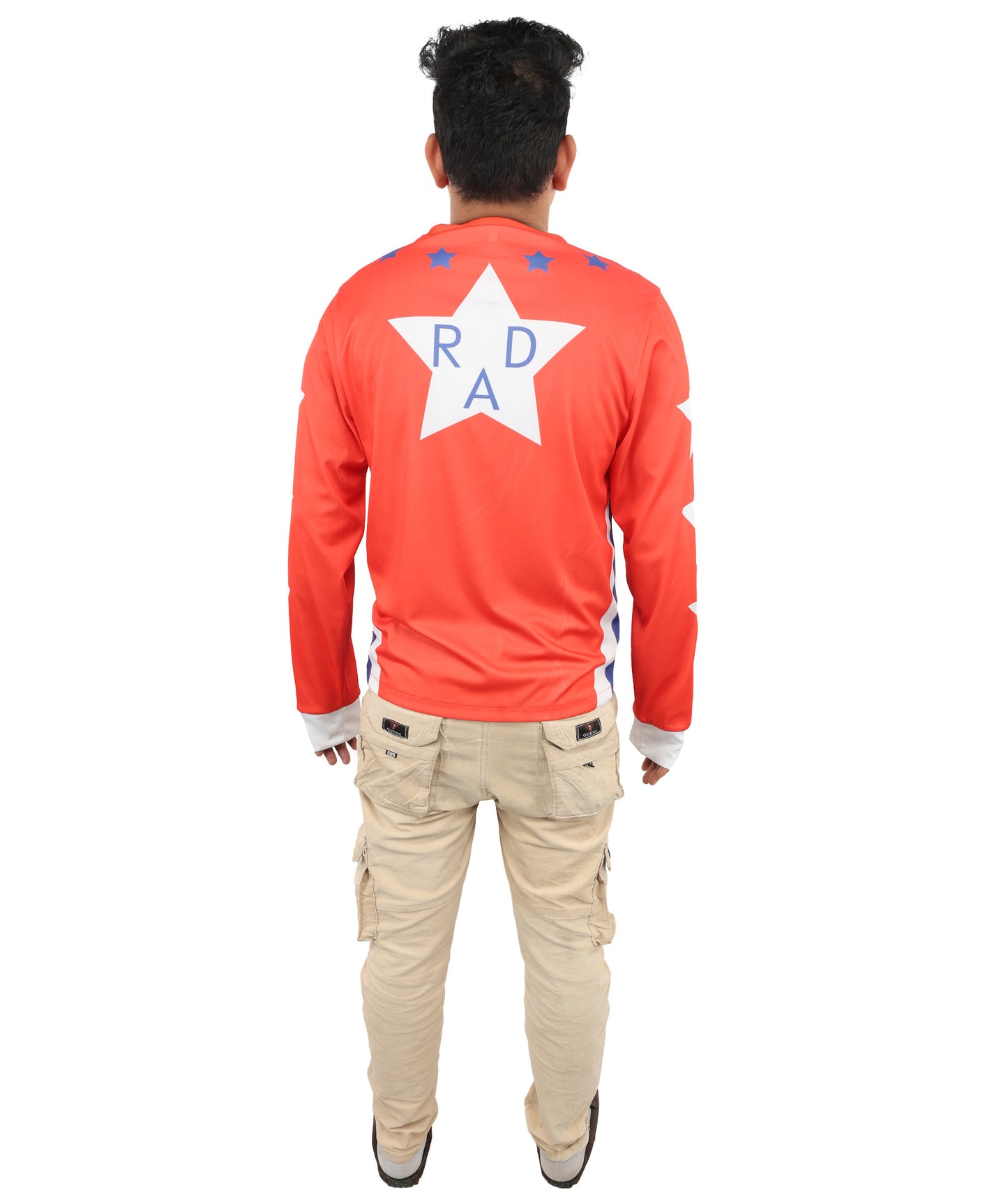 HPO Men's Vintage Stunt Biker Red Costume | Long Sleeve Jersey Knit with Bold Chest Logo | Versatile for Costume Parties, Stage Shows, and Retro Sports Themed Events