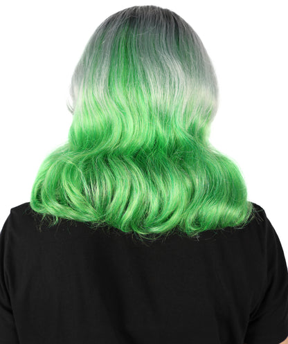 HPO Women’s Ombre Grey & Green Short Wavy Bob Wig with Bangs | Synthetic Fashion Wig | Daily Wear, Cosplay, or Costume Use