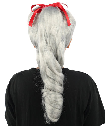 HPO Women's Spiral Ponytail Wig | Multicolor Options | High Updo with Red Ribbon Bow & Bangs, Heat Friendly Synthetic Fiber & Breathable Cap | Halloween, Christmas Event, Themed Party, Theater & Roleplay