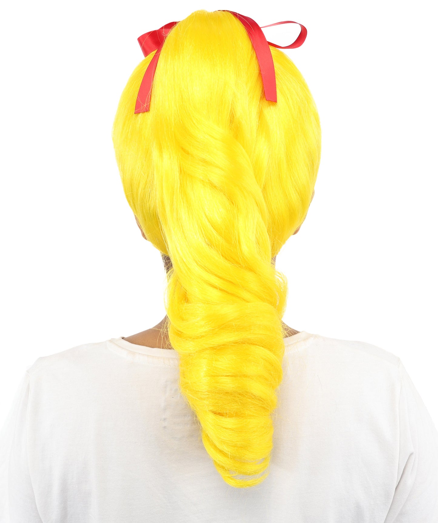 HPO Women's Spiral Ponytail Wig | Multicolor Options | High Updo with Red Ribbon Bow & Bangs, Heat Friendly Synthetic Fiber & Breathable Cap | Halloween, Christmas Event, Themed Party, Theater & Roleplay