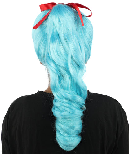 HPO Women's Spiral Ponytail Wig | Multicolor Options | High Updo with Red Ribbon Bow & Bangs, Heat Friendly Synthetic Fiber & Breathable Cap | Halloween, Christmas Event, Themed Party, Theater & Roleplay
