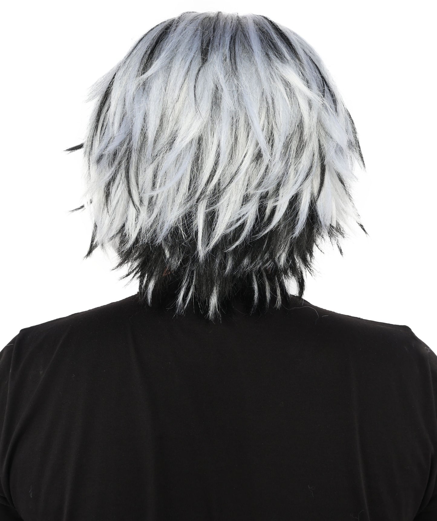 HPO Men's Two Tone Black & White Layered Anime Hair | Frosted Tips Messy Style, Natural Matte Finish, Adjustable Interior Net & Durable Strands | Carnival, Dress Up, Fantasy Conventions, Theater & Photo Shoots
