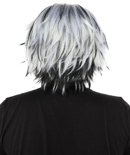 HPO Men's Two Tone Black & White Layered Anime Hair | Frosted Tips Messy Style, Natural Matte Finish, Adjustable Interior Net & Durable Strands | Carnival, Dress Up, Fantasy Conventions, Theater & Photo Shoots