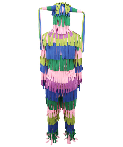 Bright Multicolored Pinata Jumpsuit Costume | Adult Funny Striped One-Piece with Fringe Details | Playful Outfit for Halloween, Cosplay, Parties & Festivals