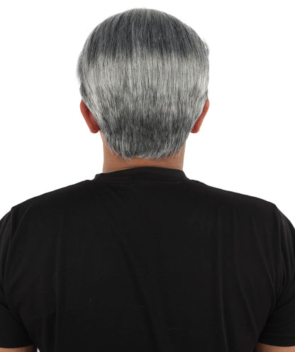 HPO Men's Silver Dark Grey Short Swept Wig | Flame-Retardant Synthetic Fiber with Capless Cap | Ideal for Theater, Halloween and Cosplay