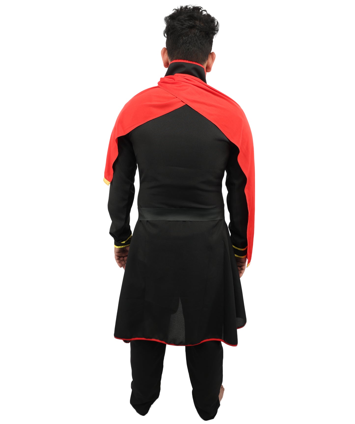 HPO Men's Anime Fantasy Adventurer Costume | Red & Black satin construction featuring a main dress, pant, and belt | Ideal for party, Halloween, cosplay, theater, drag, performance, costume events