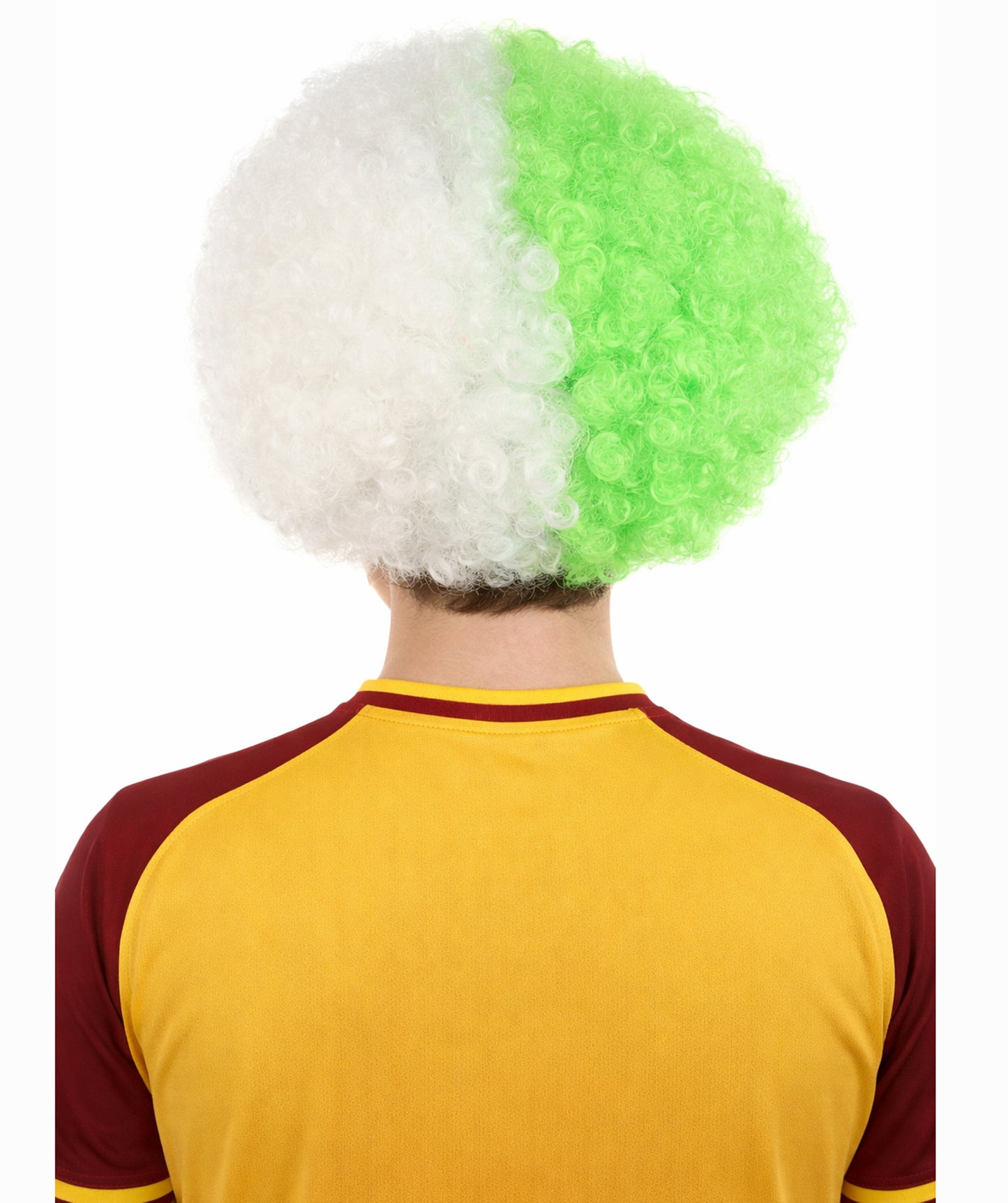 HPO Men's Two Tone Afro Wig | Bouncy Green and White Curls Flame-retardant Synthetic Fiber | Halloween Themed Party Circus Carnival Fan Accessory