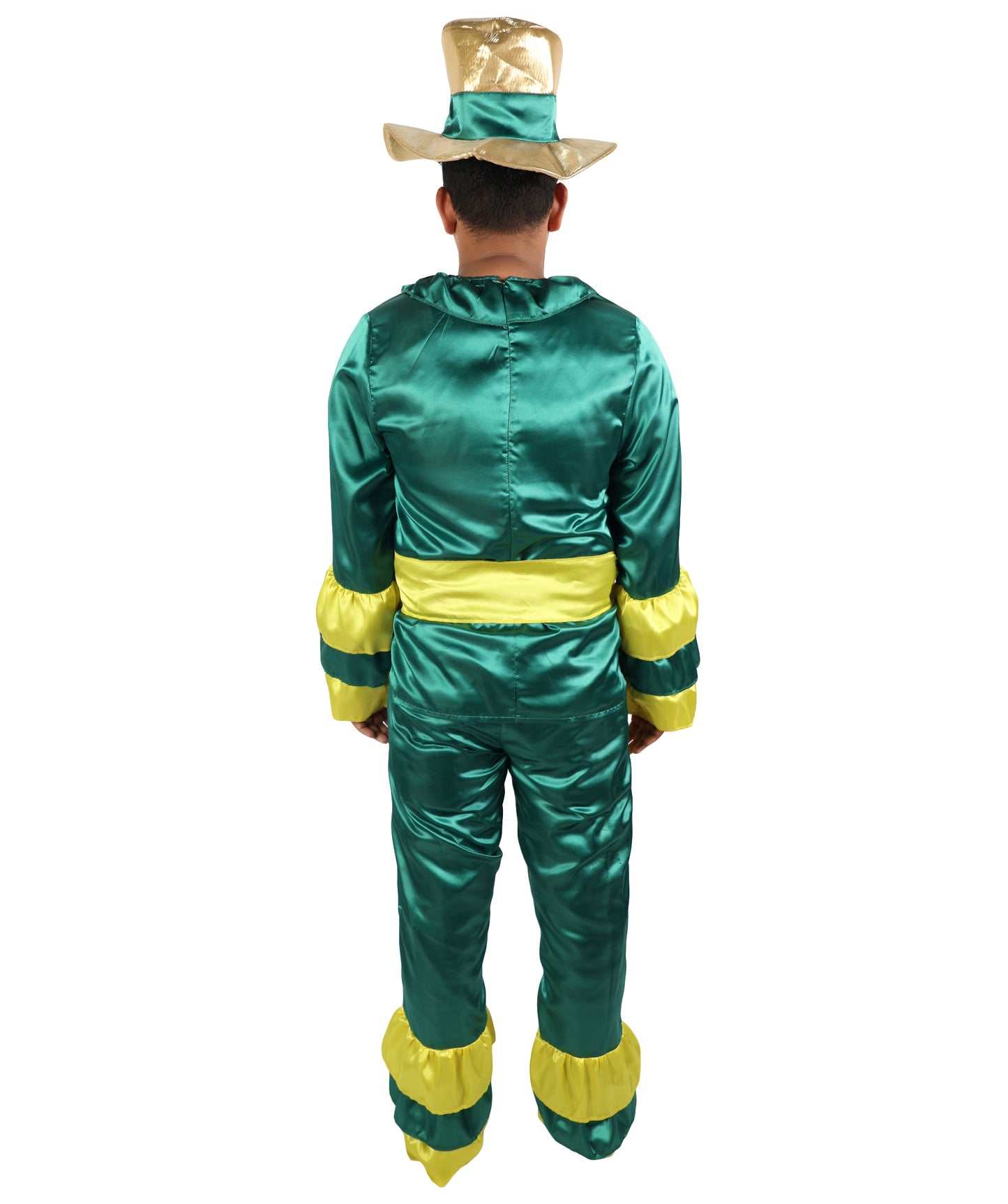 HPO Men's Rumba Dancer Costume | Vibrant Green and Yellow Tiered Ruffle Tunic Flared Jumpsuit Matching Straw Hat | Halloween Cosplay Theater Drag Performance Costume Events