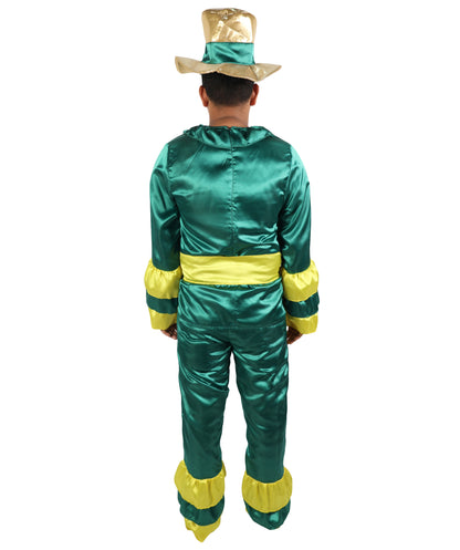 HPO Men's Rumba Dancer Costume | Vibrant Green and Yellow Tiered Ruffle Tunic Flared Jumpsuit Matching Straw Hat | Halloween Cosplay Theater Drag Performance Costume Events
