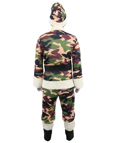 HPO Men's Camouflage Santa Costume | Plush Faux Fur Trimmed Jacket and Pants with Matching Hat | Ideal for Halloween, Theater, Drag, and Outdoor Holiday Events