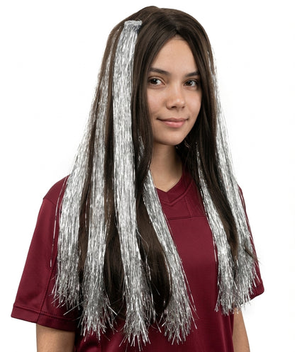 HPO Women's Glittering Rhinestone Extension | Shimmering silver crystal hue, create of synthetic fiber and glass, long tassel texture, clip-in base | Party, Halloween, theater, drag, performance, costume events