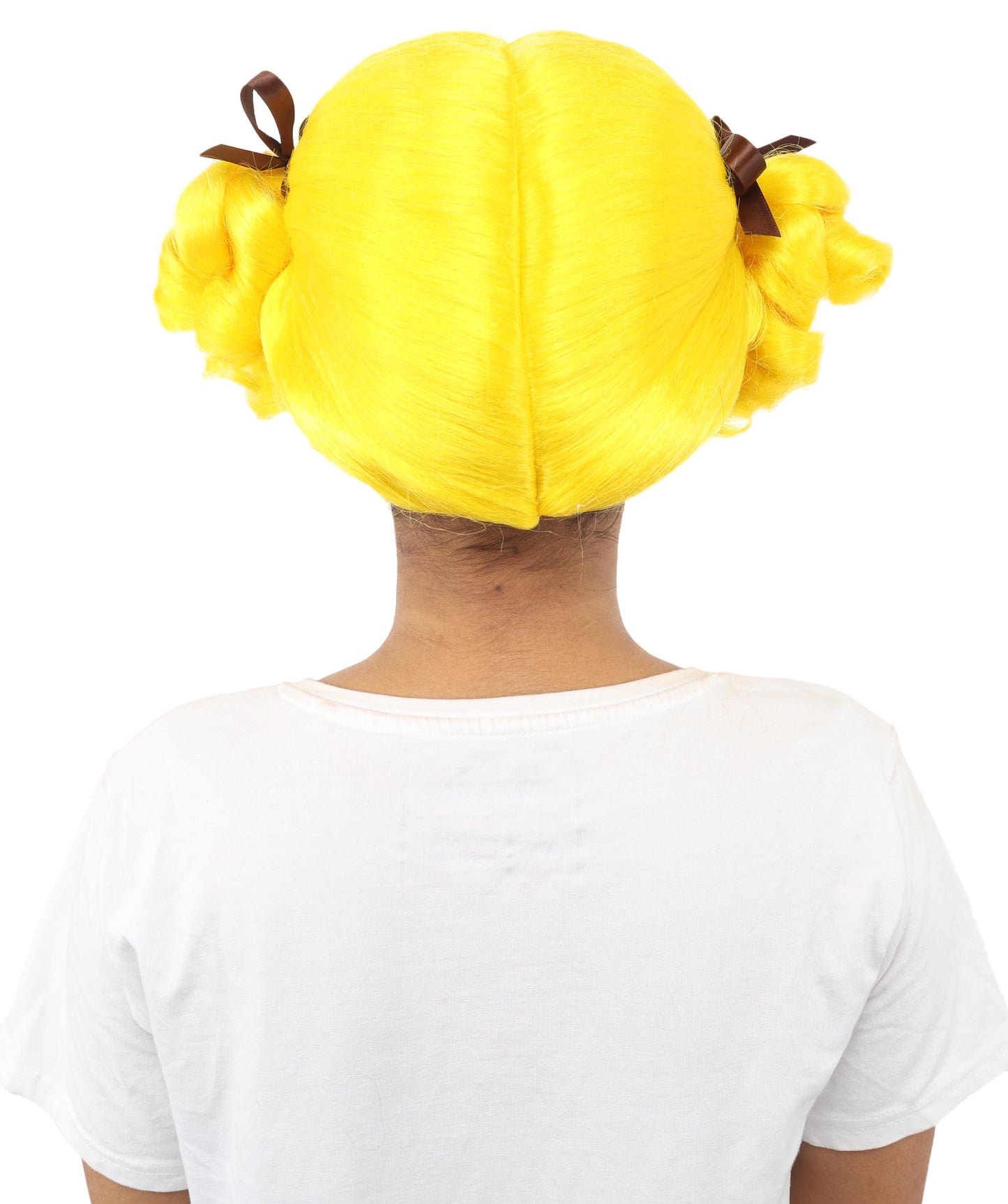 HPO Women's Golden White Mixed Curly Pigtail Wig | Messy Ringlet Twin Tails with Attached Fabric Ribbons, Synthetic Fiber & Breathable Cap | Halloween, Movie Character Roleplay, Costume Party & Theater