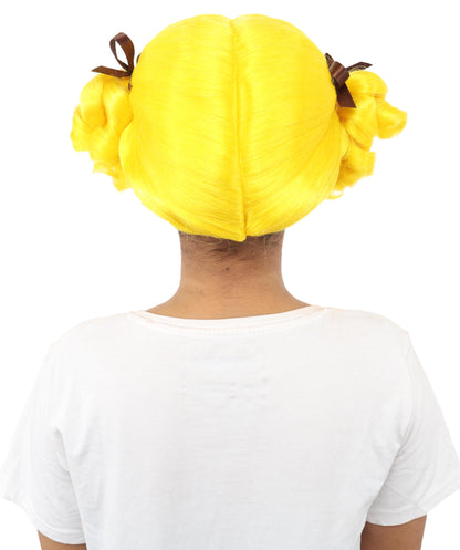 HPO Women's Golden White Mixed Curly Pigtail Wig | Messy Ringlet Twin Tails with Attached Fabric Ribbons, Synthetic Fiber & Breathable Cap | Halloween, Movie Character Roleplay, Costume Party & Theater