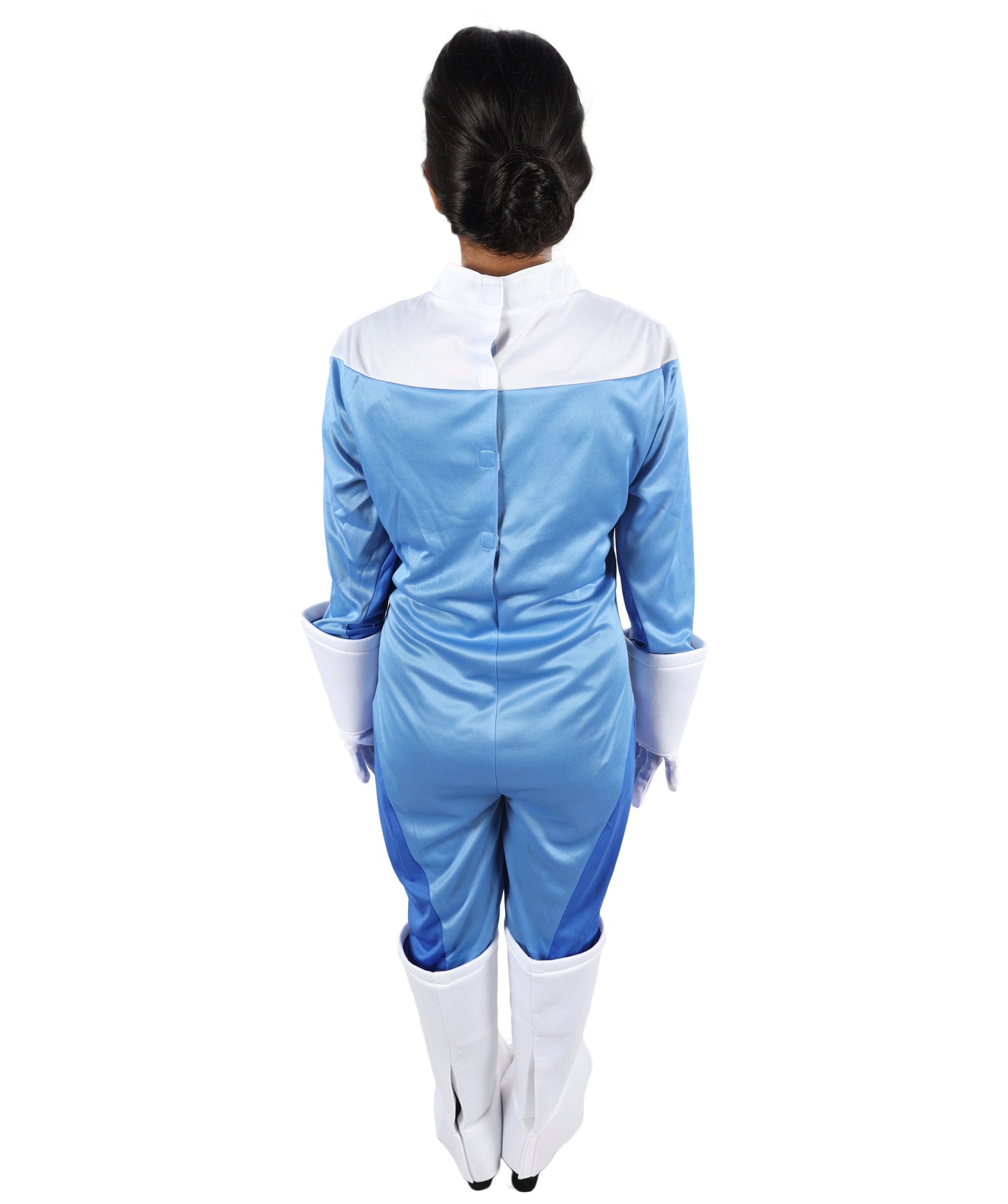 HPO Women’s Ultimate Sci-Fi Costume | 3-in-1 Jersey Dress with Hand Gloves | Blue & White Cosplay Outfit