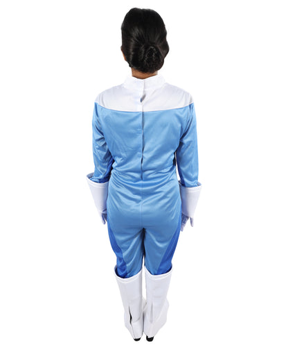 HPO Women’s Ultimate Sci-Fi Costume | 3-in-1 Jersey Dress with Hand Gloves | Blue & White Cosplay Outfit