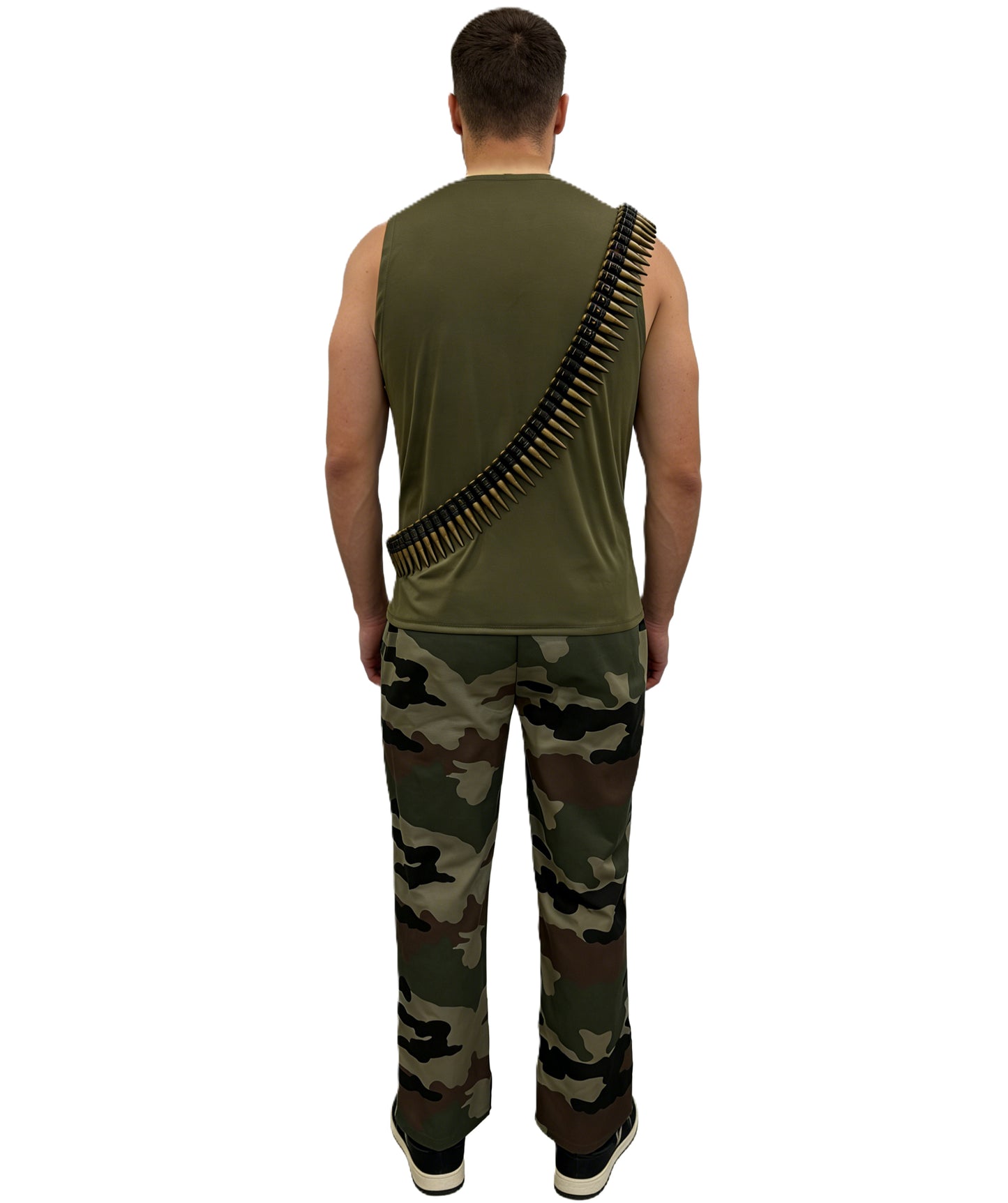 HPO Men's Army Guy Costume | Dark green jersey and woven fabric construction featuring a sleeveless top and camouflage pants | Ideal for party, Halloween, cosplay, theater, drag, performance, costume events
