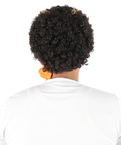 HPO Men's Brown & Golden Curly Afro Wig | 11” Synthetic Hair with Headband | Flame-Resistant Capless Cap Wig