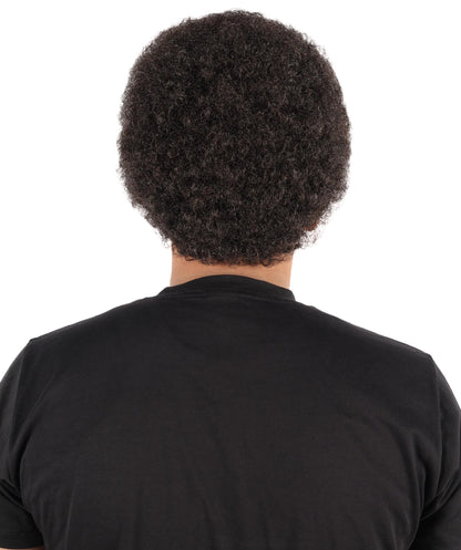HPO Men's Short Afro-Inspired Dark Brown Curly Wig |  Synthetic Hair with Adjustable Cap for Themed Events, Halloween, Stage & Roleplay