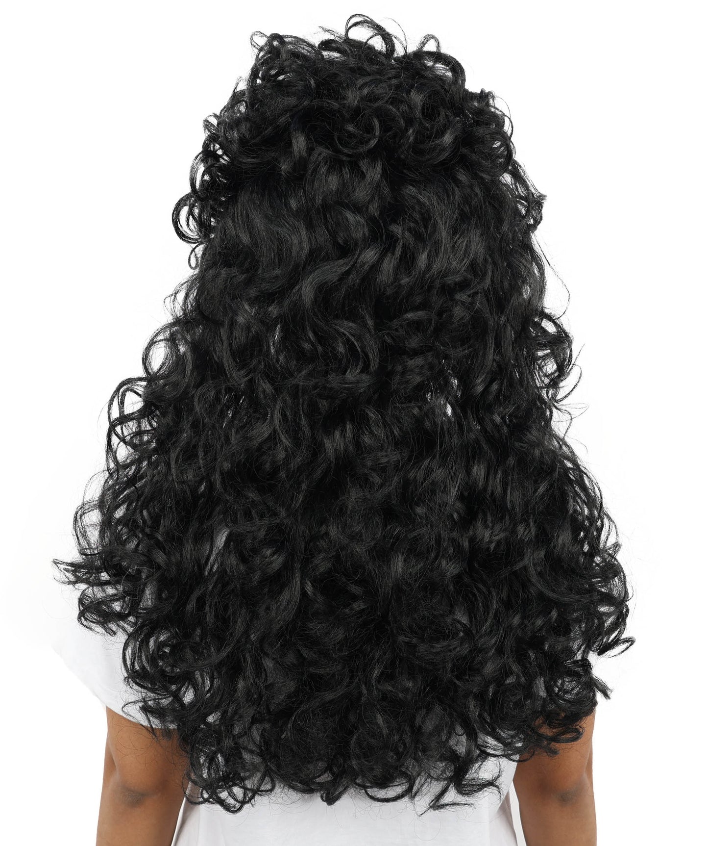 HPO Women’s Long Curly Black Seduction Wig | Voluminous 80s-Inspired Costume Hairpiece for Halloween, Glam Rock, Disco, and Cosplay | Breathable Capless Cap Design