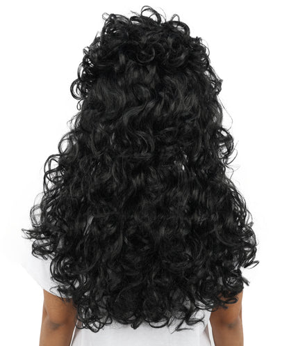 HPO Women’s Long Curly Black Seduction Wig | Voluminous 80s-Inspired Costume Hairpiece for Halloween, Glam Rock, Disco, and Cosplay | Breathable Capless Cap Design