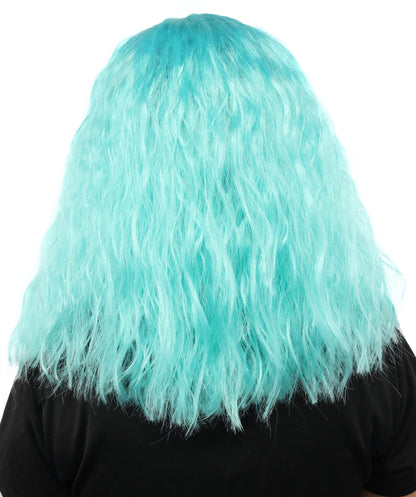 HPO Women's Short Wavy Bob wig | Vibrant aqua cyan, created of flame-retardant synthetic fiber, thick layered texture, breathable cap | Cosplay, drag, performance, themed events