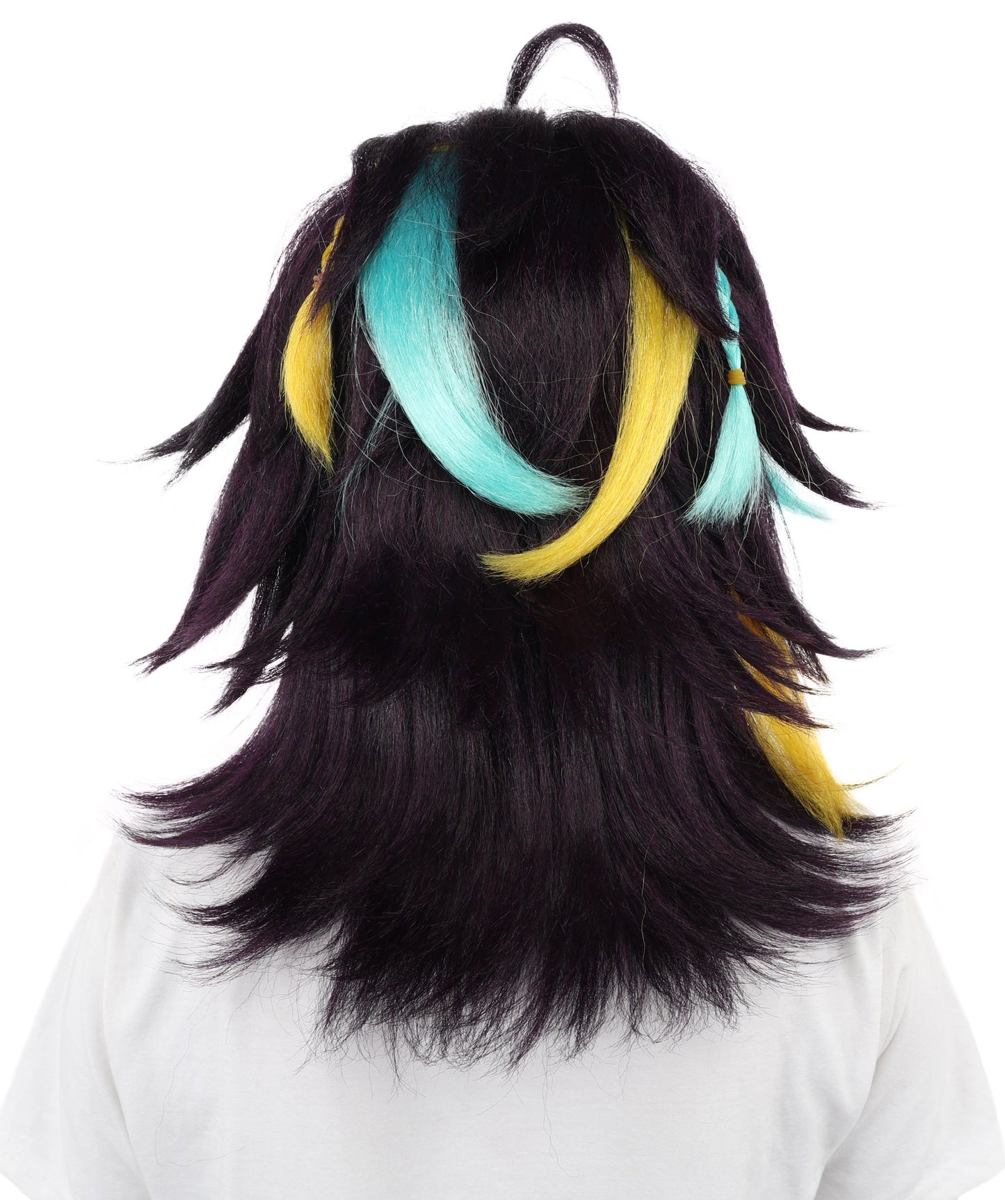 HPO Women's Medium Spiky Multicolor Color Wig | Dark Navy Synthetic Hair with Green Bangs and Amber Streaks | Halloween Roleplay and Video Game Character Style