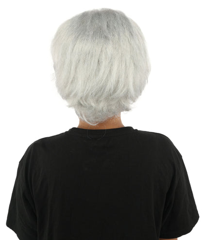 HPO Adult Women's Short Silver White Pixie Wig  | Edgy Layered Cut with Bangs | Synthetic Hair Wig for Stage Fashion, Cosplay, Halloween & Bold Party Looks