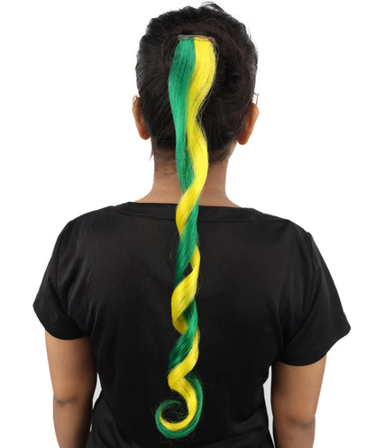 HPO Women's Brazil Flag Hair Extension | Coiled green and yellow synthetic fibers featuring a twisted attachment design | Ideal for party, Halloween, cosplay, theater, drag, performance, costume events