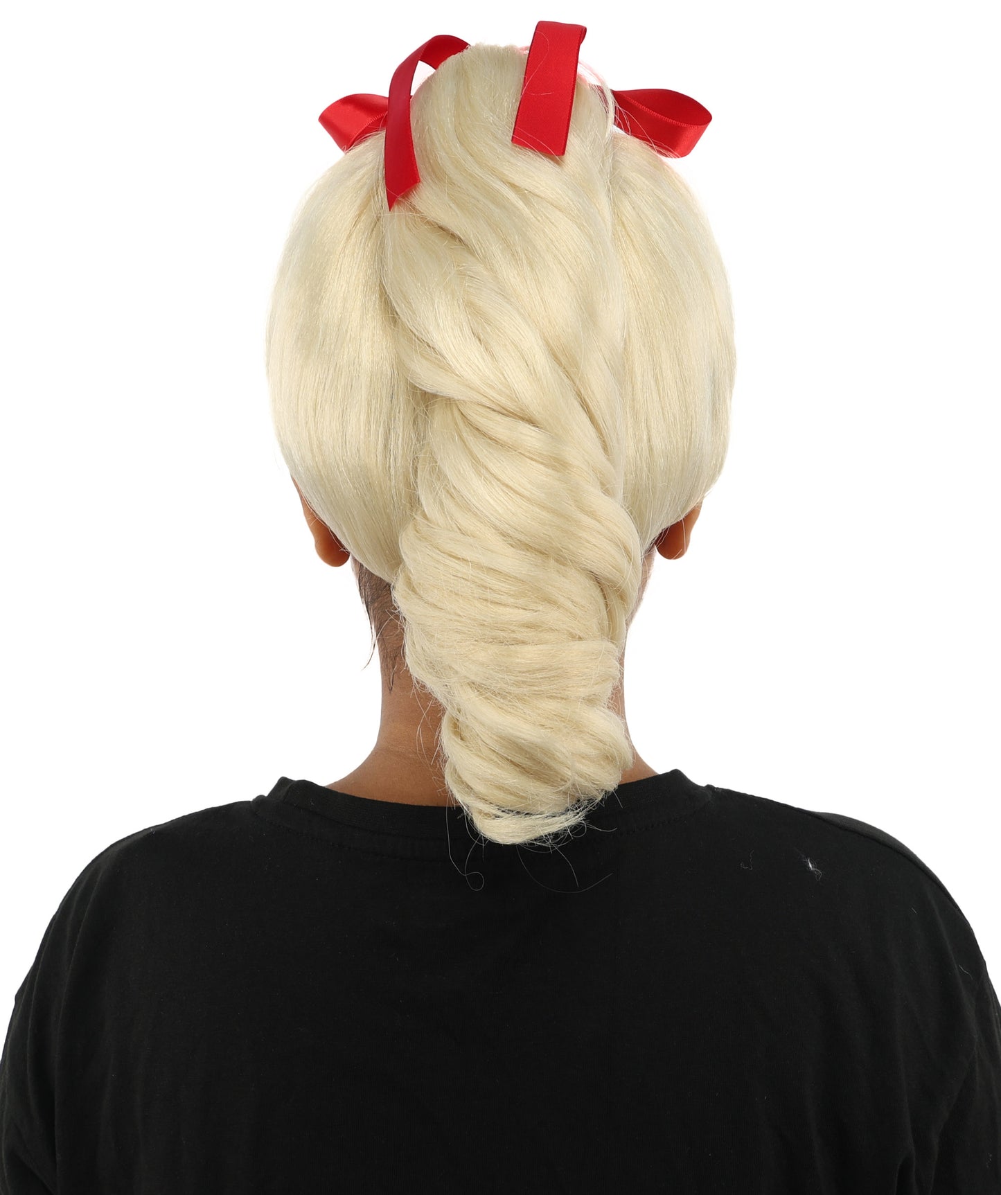 HPO Women's Spiral Ponytail Wig | Multicolor Options | High Updo with Red Ribbon Bow & Bangs, Heat Friendly Synthetic Fiber & Breathable Cap | Halloween, Christmas Event, Themed Party, Theater & Roleplay